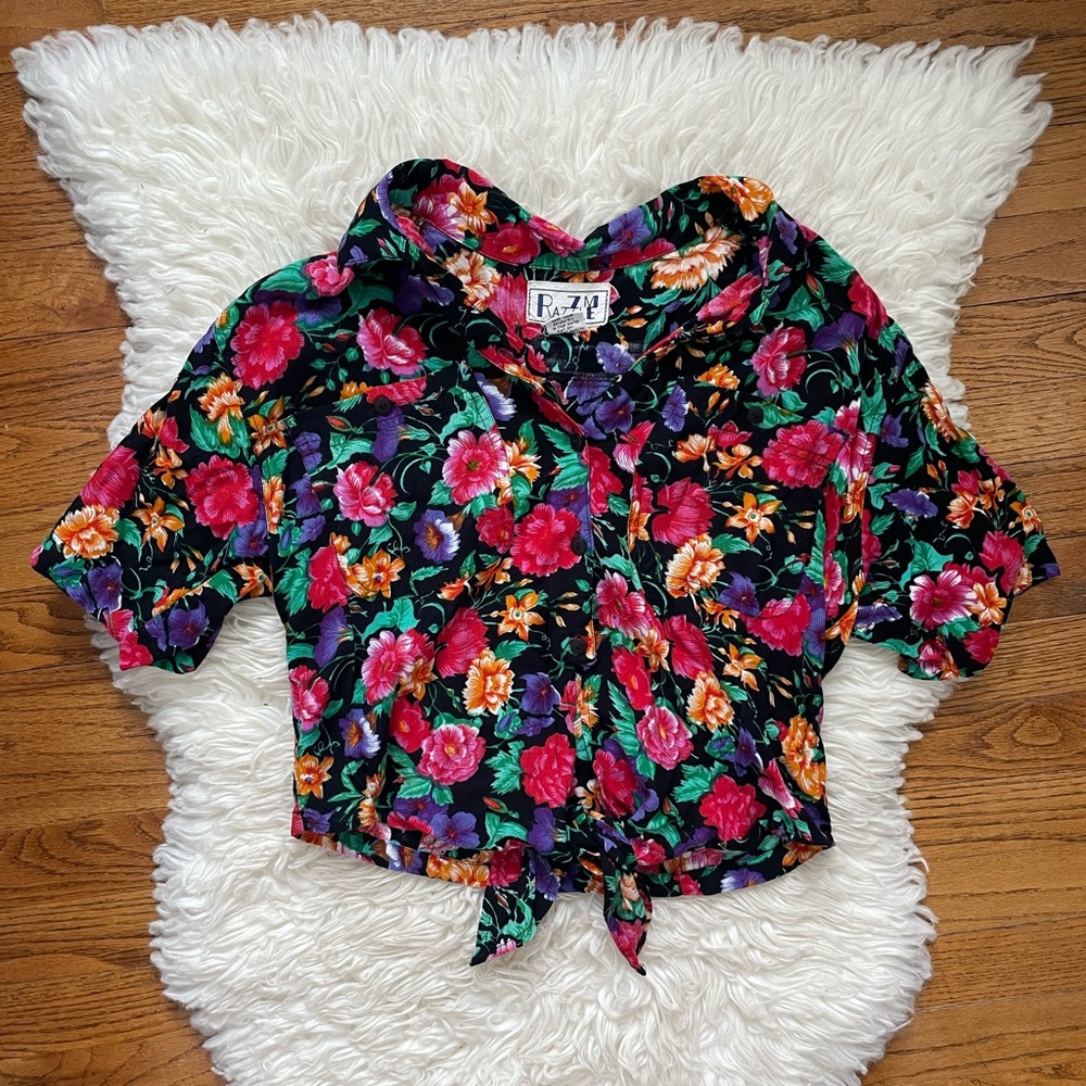 Vintage Hawaiian Inspired Floral Women's Top with Tie Front